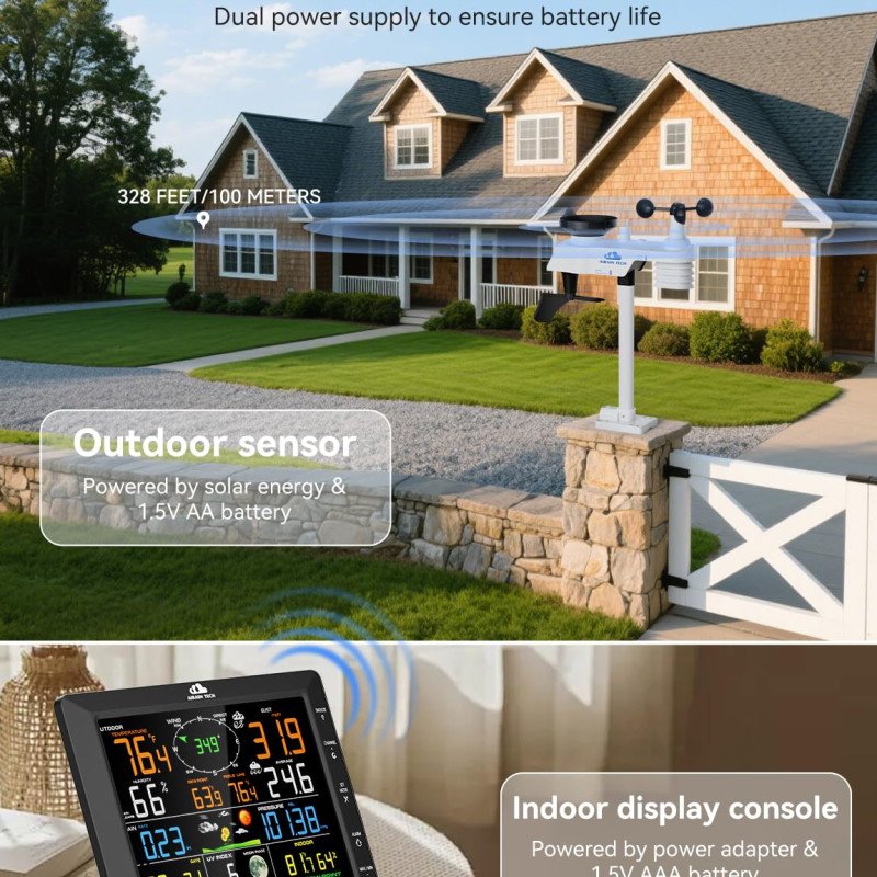 14-in-1 Wireless Weather Station with Outdoor Wireless Sensor,Radio-Controlled Clock,Rain Gauge,Wind Speed/Direction,Moon Phase,Wind Chill Index,Outdoor Dew Point,Barometer(NO WiFi)
