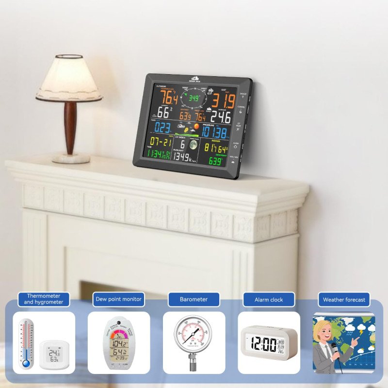 14-in-1 Wireless Weather Station with Outdoor Wireless Sensor,Radio-Controlled Clock,Rain Gauge,Wind Speed/Direction,Moon Phase,Wind Chill Index,Outdoor Dew Point,Barometer(NO WiFi)