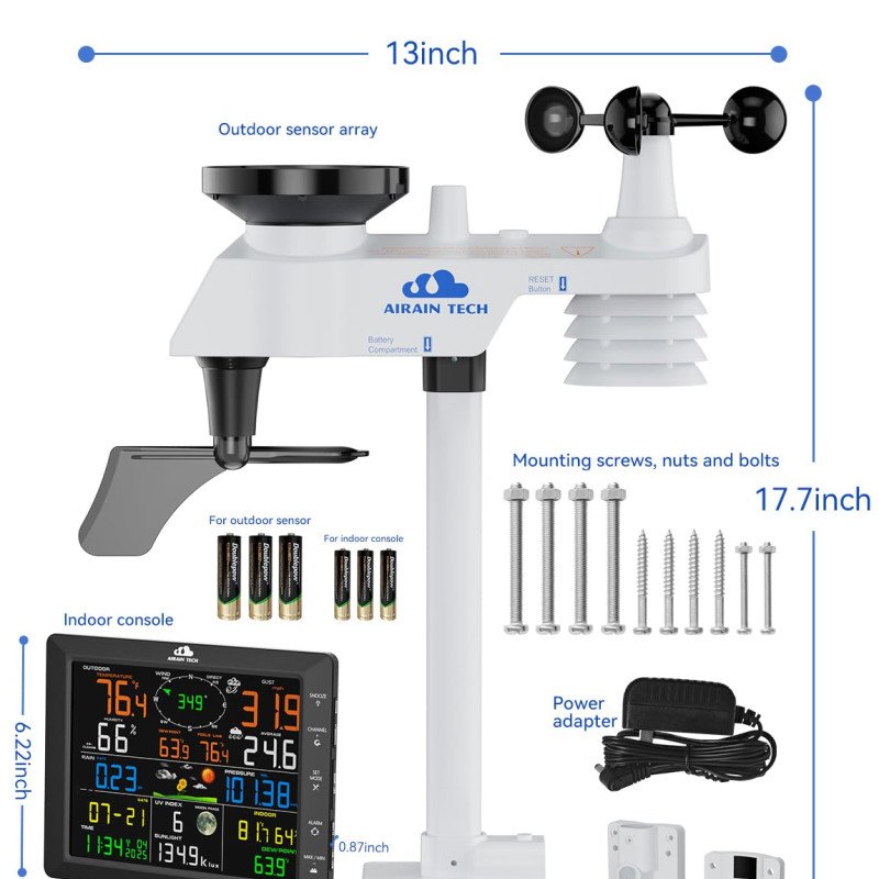 14-in-1 Wireless Weather Station with Outdoor Wireless Sensor,Radio-Controlled Clock,Rain Gauge,Wind Speed/Direction,Moon Phase,Wind Chill Index,Outdoor Dew Point,Barometer(NO WiFi)