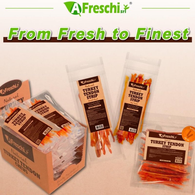 AFreschi Turkey Tendons for Dogs, USA-Sourced, Healthy Dog Treats, Rawhide-Free Puppy Chews, Long Lasting, All Natural, Hypoallergenic Dog Treats for Small Breeds, 3 oz Pack Strips