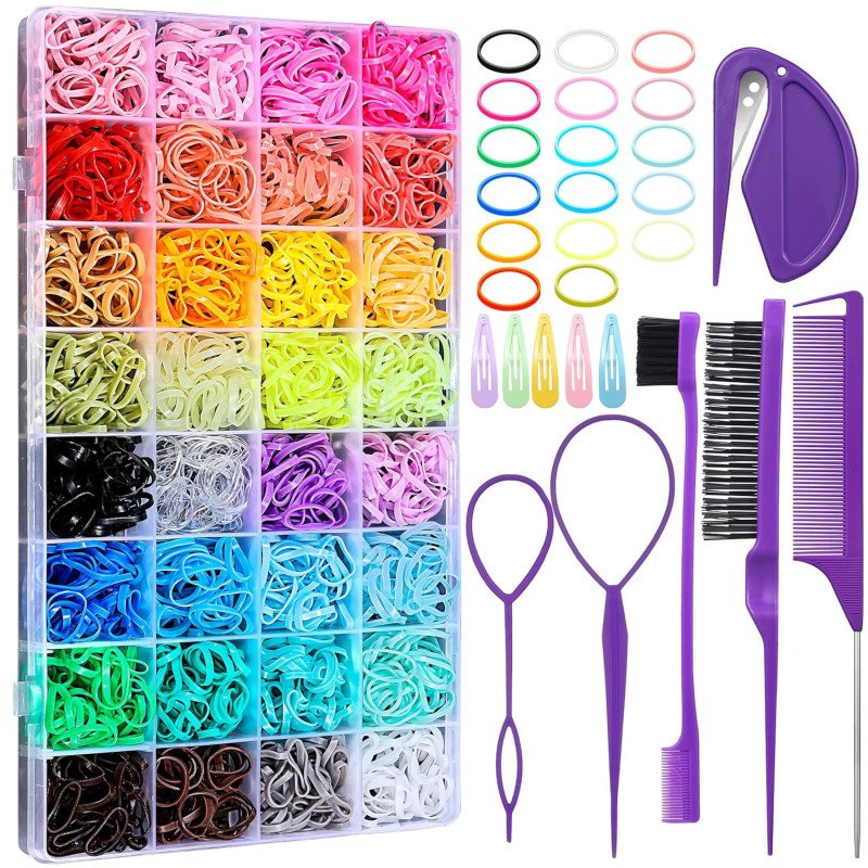 32 Colors Small Hair Rubber Bands with 16 Styling Tools, 2000 Pcs Elastic Girl Baby Hair Ties, Mini Bands with Elastic Cutter, Hair Accessories Xmas Stuff for Girls Baby Toddlers Kids