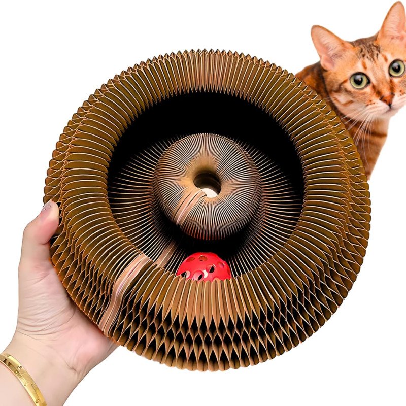 Kitty Kurlz - Kitty Kurlz Magnetic Toy & Reversible Cardboard Scratcher - Collapsible Ball Track with Bell - Durable Eco-Friendly Ring for Play, Chase & Scratch