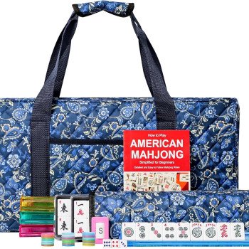 American Mahjong Set with Blue Carrying Bag, 166 White Tiles, 4 All-in-One Rack/Pushers, Mahjong Tiles Set (Ma Jong, Mah-Jongg, Majiang)
