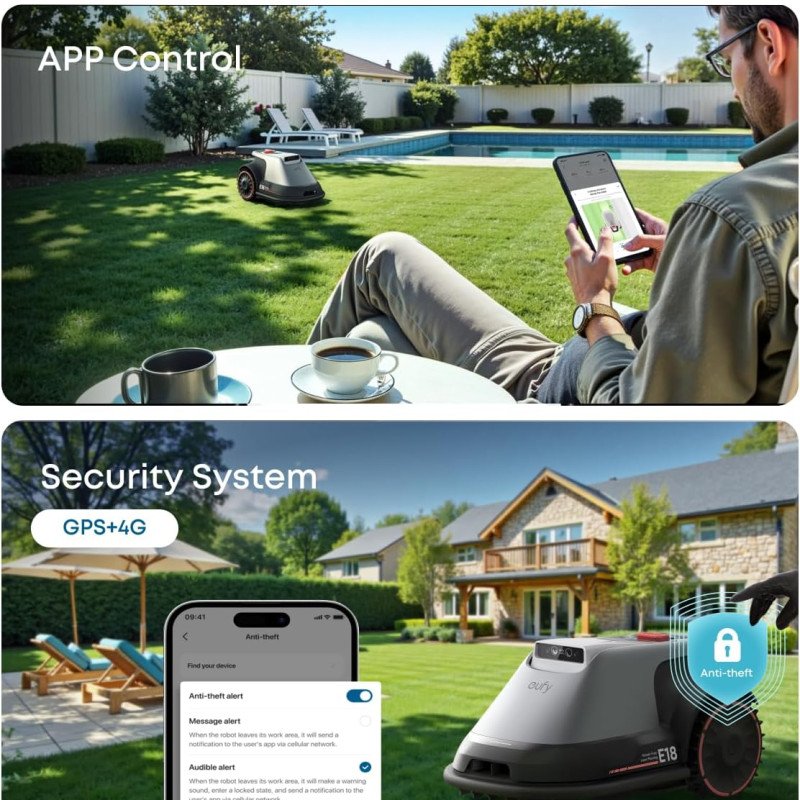 eufy E18 Robot Lawn Mower,Max 0.3 Acres,Wireless Robot Mower with Auto Mapping,Vision Navigation,Multi-Zone Management,Robotic Lawnmower with AI Obstacle Avoidance,APP Control,18°Slope,Cut Height1-3"