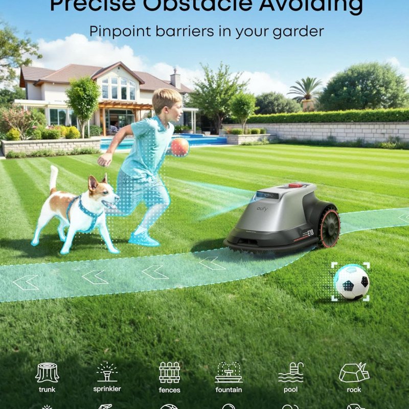 eufy E18 Robot Lawn Mower,Max 0.3 Acres,Wireless Robot Mower with Auto Mapping,Vision Navigation,Multi-Zone Management,Robotic Lawnmower with AI Obstacle Avoidance,APP Control,18°Slope,Cut Height1-3"