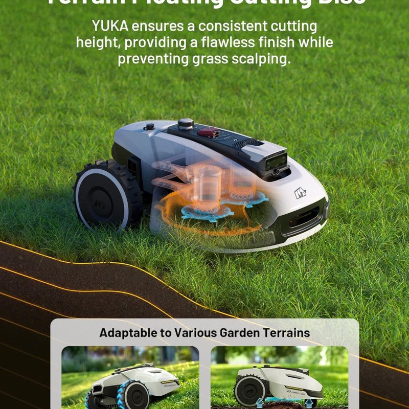 YUKA 3000 Robot Lawn Mower with 4G, Reception 0.75 Acre, Max. 1 Acre,Ultrasense AI Vision & RTK, Auto Mapping,App Control, 45% Slope, Wireless Perimeter, 2 Cutting Discs,30 Mowing Zones